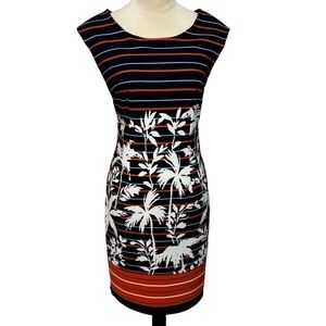 Jessica Rose Blue Orange Striped Island Print Cap Sleeve Bodycon Dress Size 6